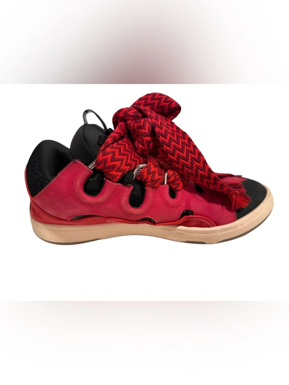 Lanvin Curb Men’s Sneakers Poppy Red Black Suede Oversized Laces LowTop Skate 12